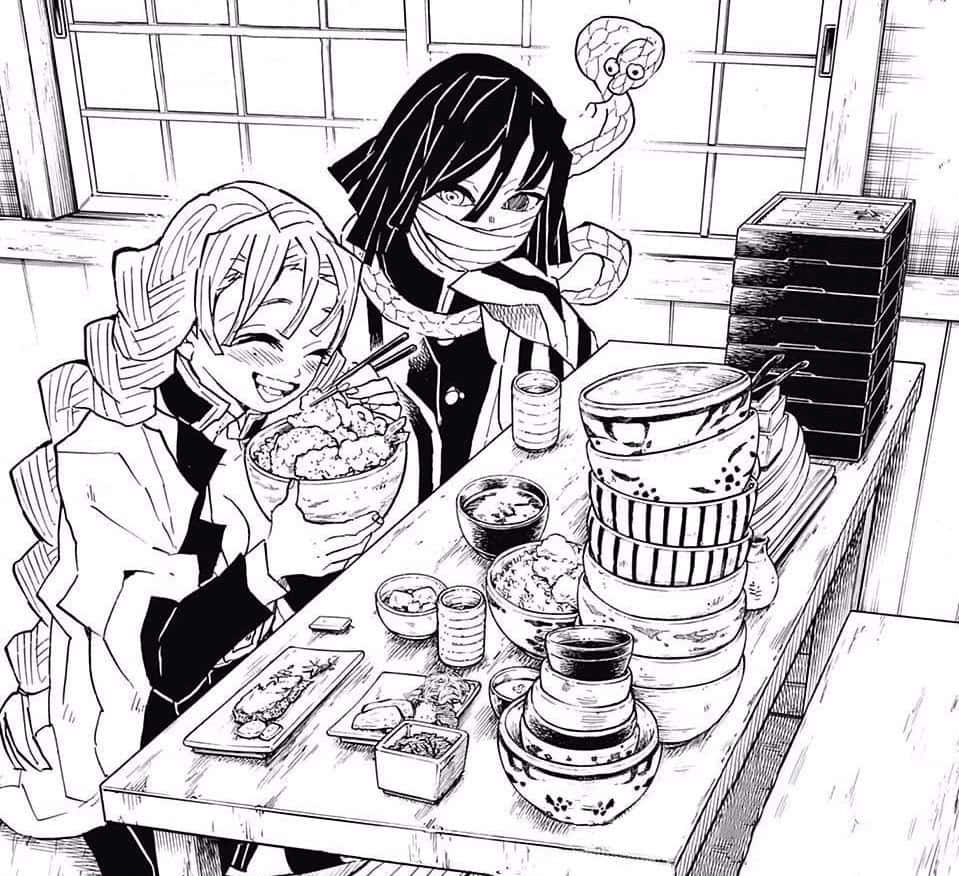 Demon_ Slayer_ Characters_ Enjoying_ Meal_ Manga_ Panel Wallpaper