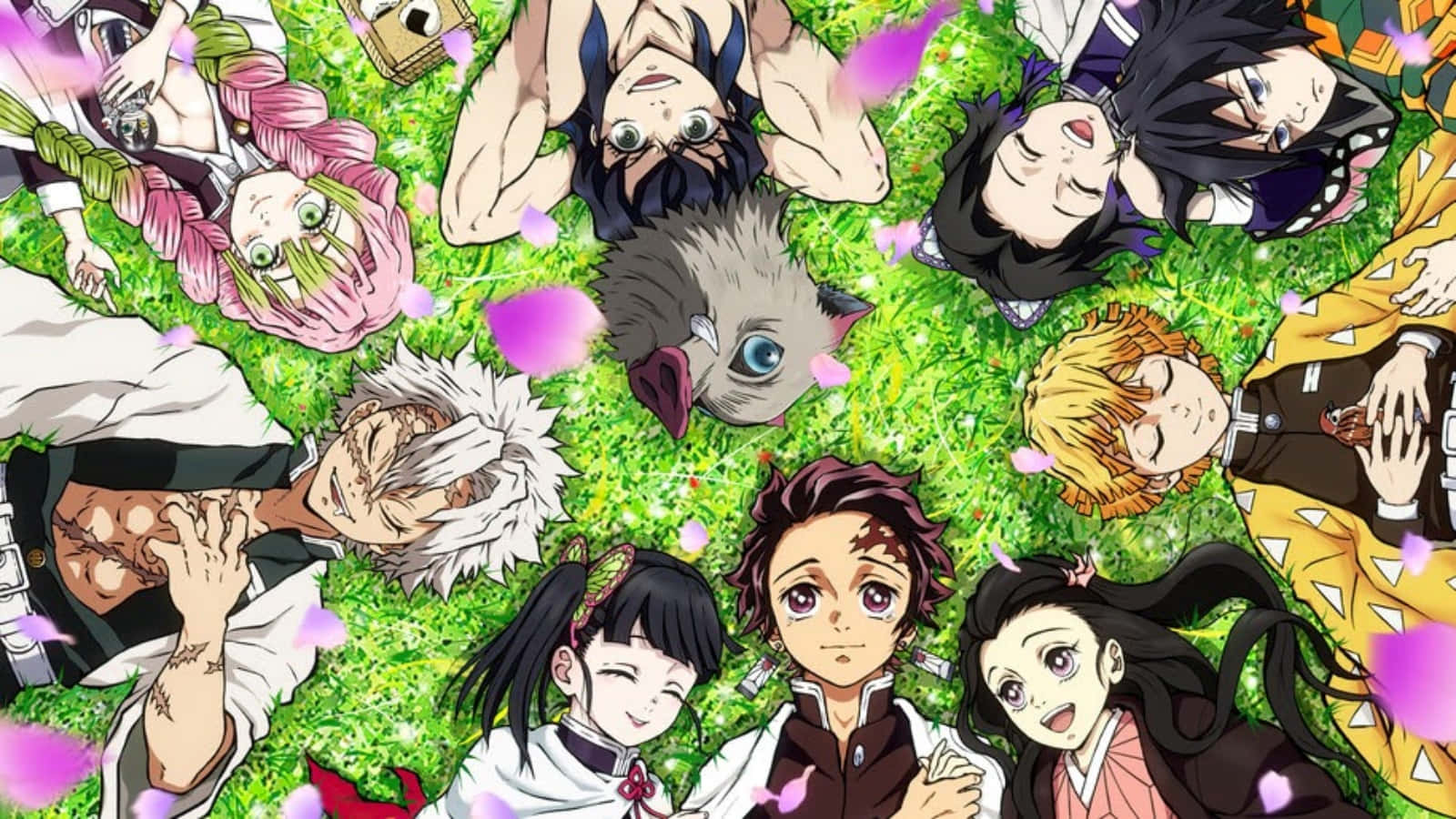 Demon Slayer Scenery Characters Lying On Grass Wallpaper