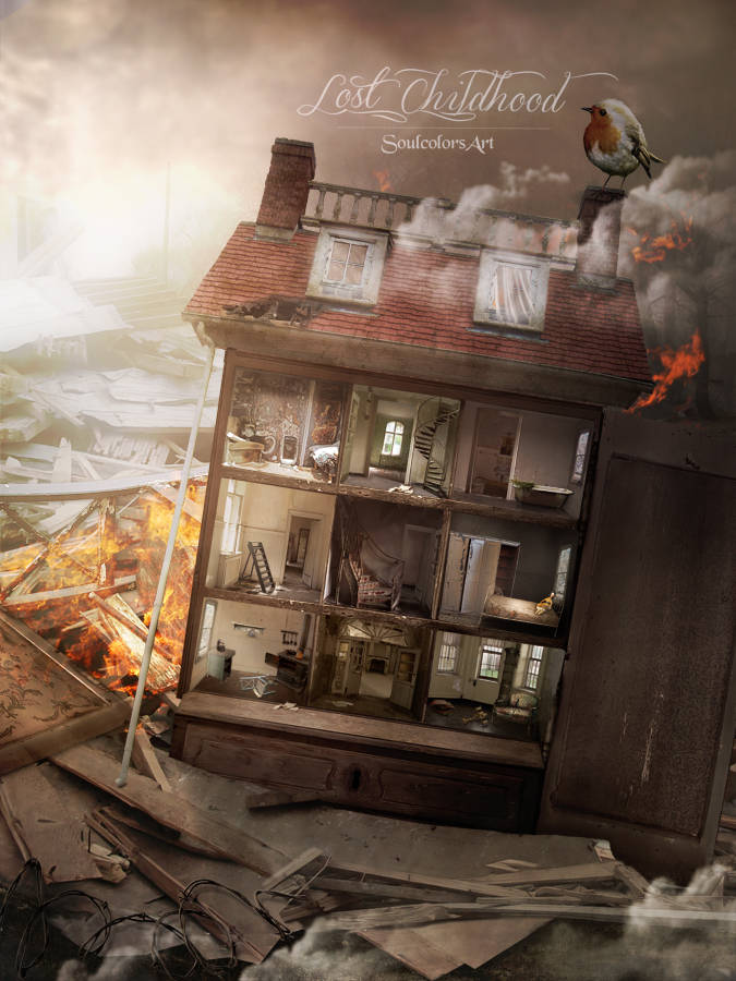 Destroyed Dollhouse Art Wallpaper