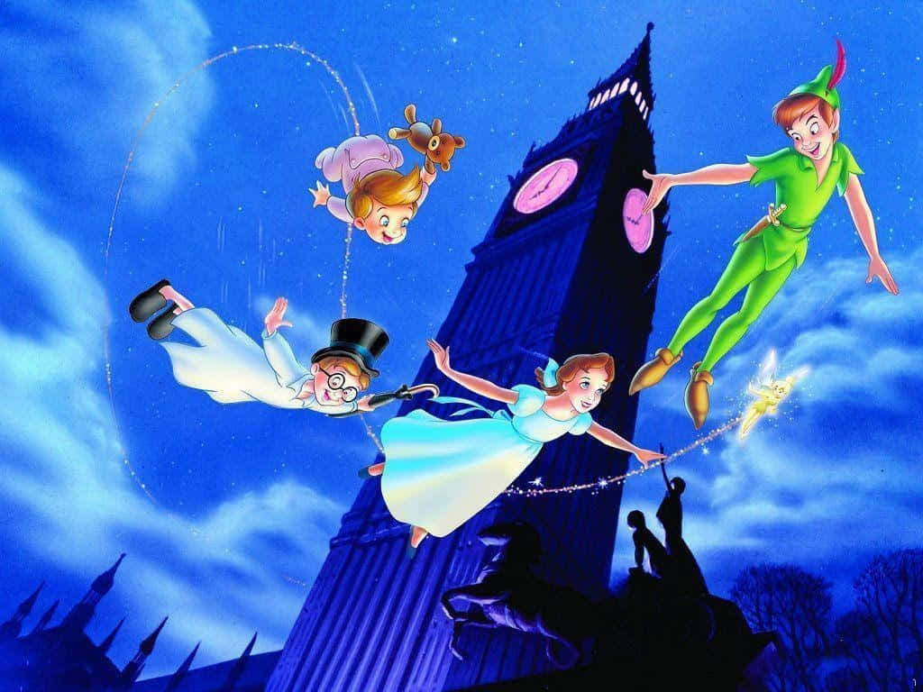 Disney Computer Peter Pan Flying With Friends Wallpaper