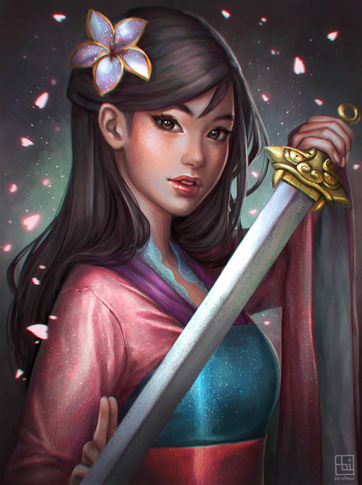 Disney's Mulan Looking Beautiful With Flower Flakes Wallpaper