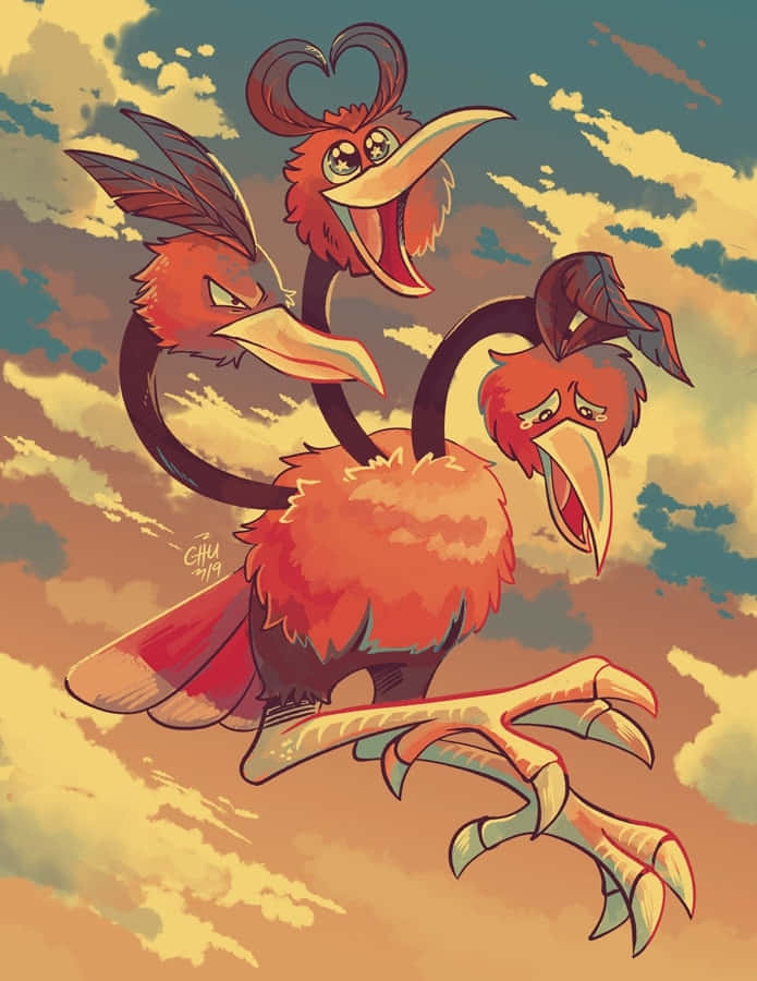 Dodrio Pokemon Fanart In Sunset Sky Wallpaper