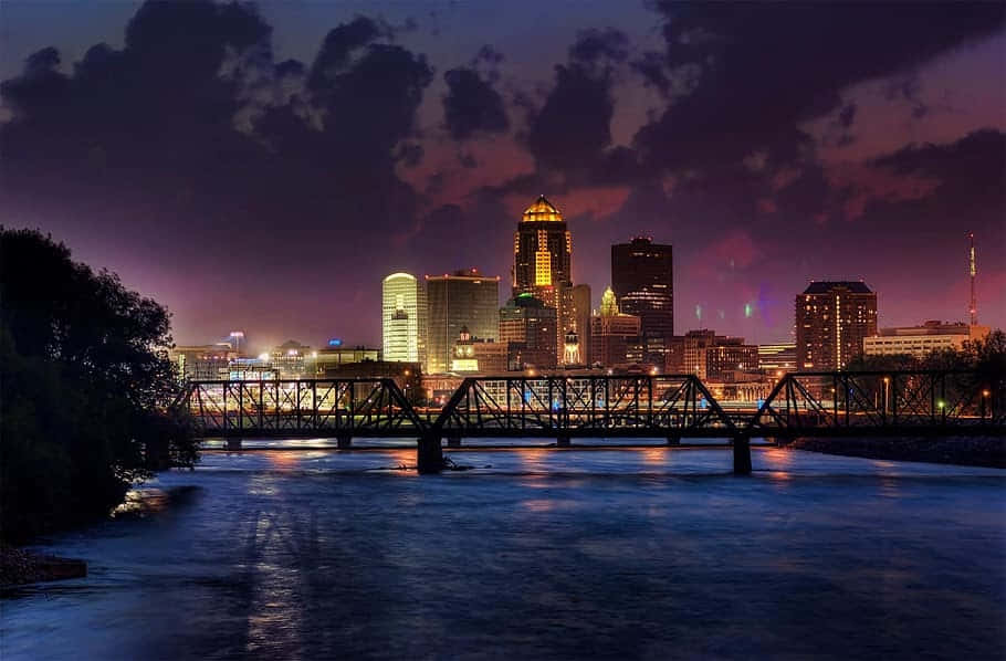 Downtown Skyline Night River View Wallpaper