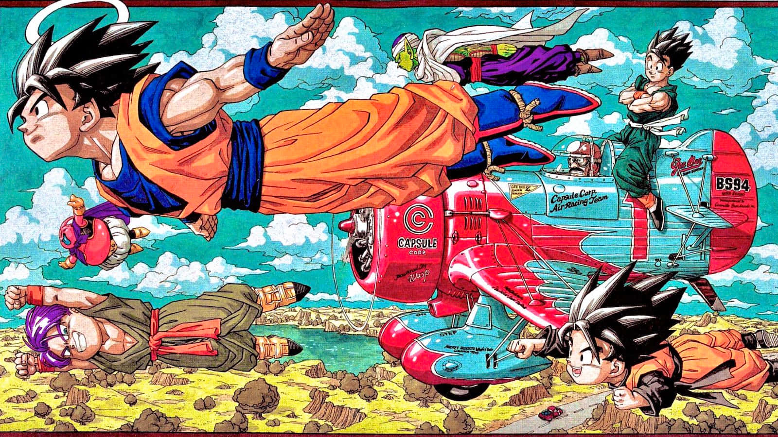 Dragon Ball Z Flying Charactersand Capsule Corp Helicopter Wallpaper