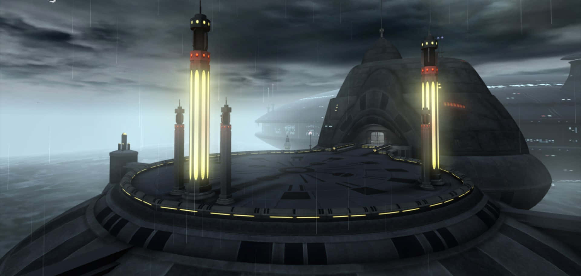 Dramatic View Of Kamino's Stormy Ocean And Futuristic Architecture Wallpaper