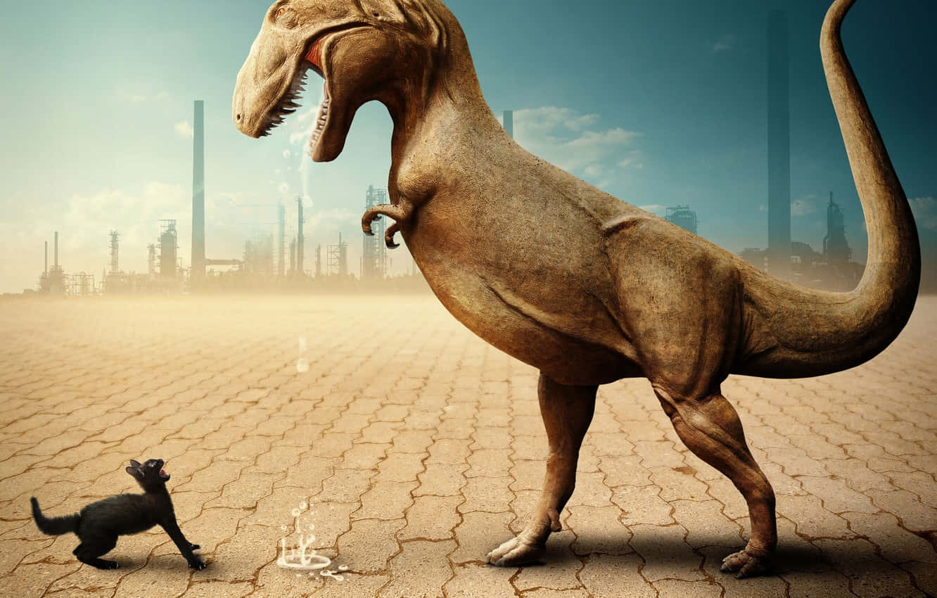 Droll Dinosaur And Cat Wallpaper