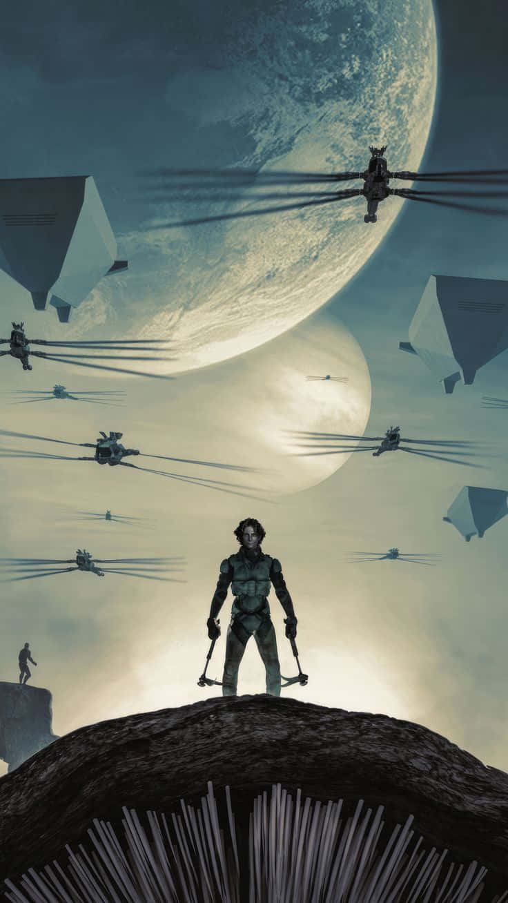 Dune Desert Warrior Standing Beneath Moons Wallpaper