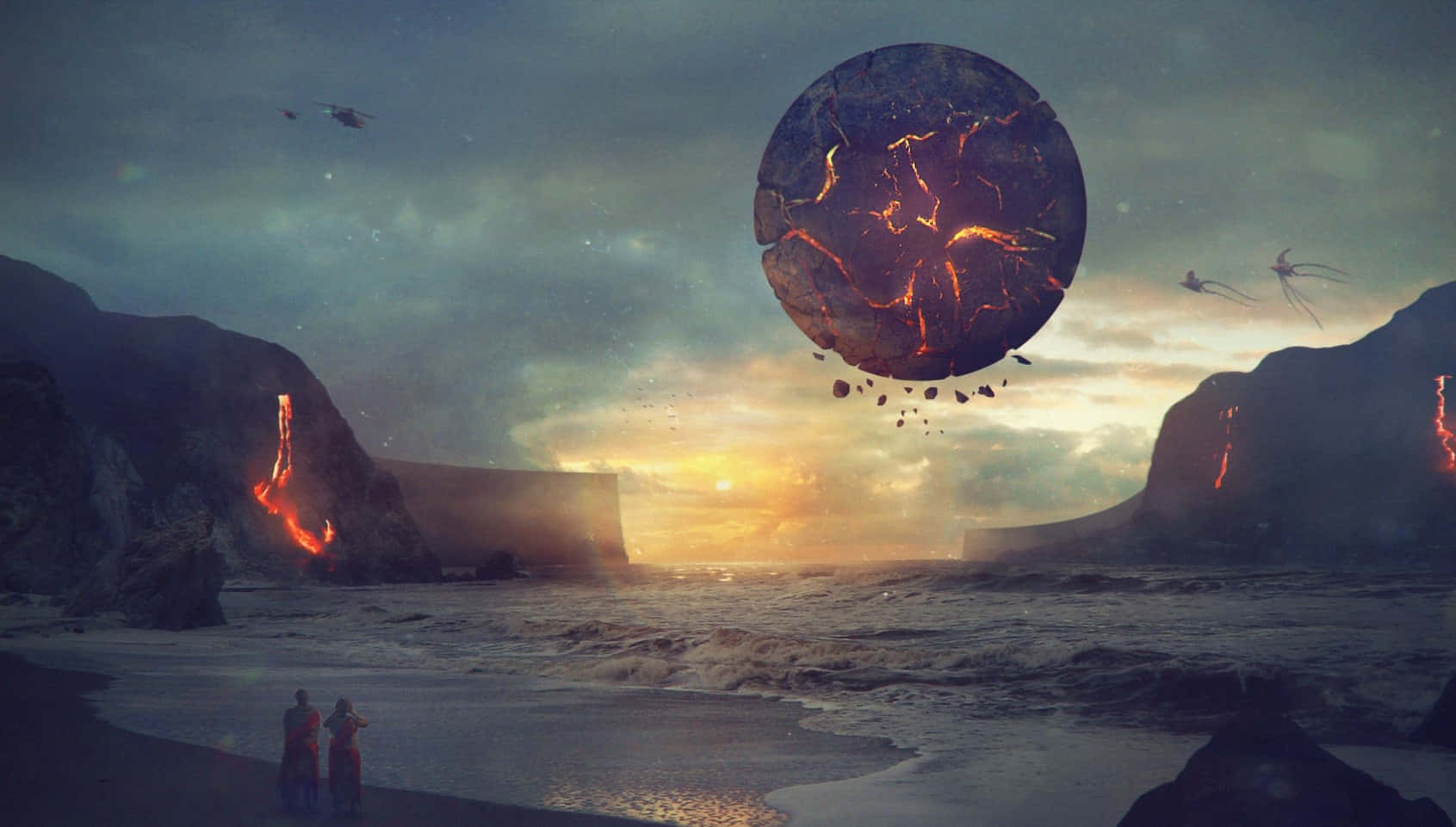 Dystopian Beachscape With An Alien Planet Rise Wallpaper