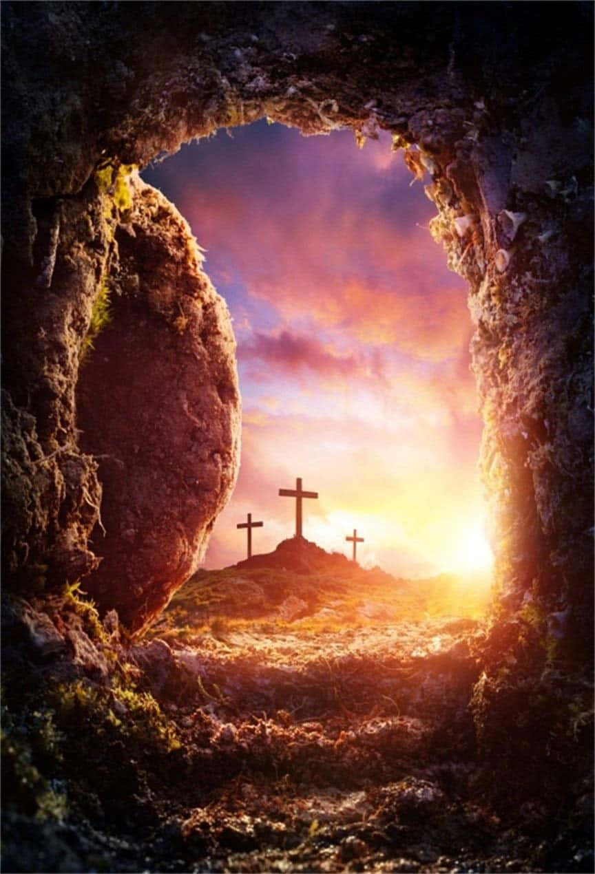 Easter Sunrise With Christian Cross In The Cave Wallpaper