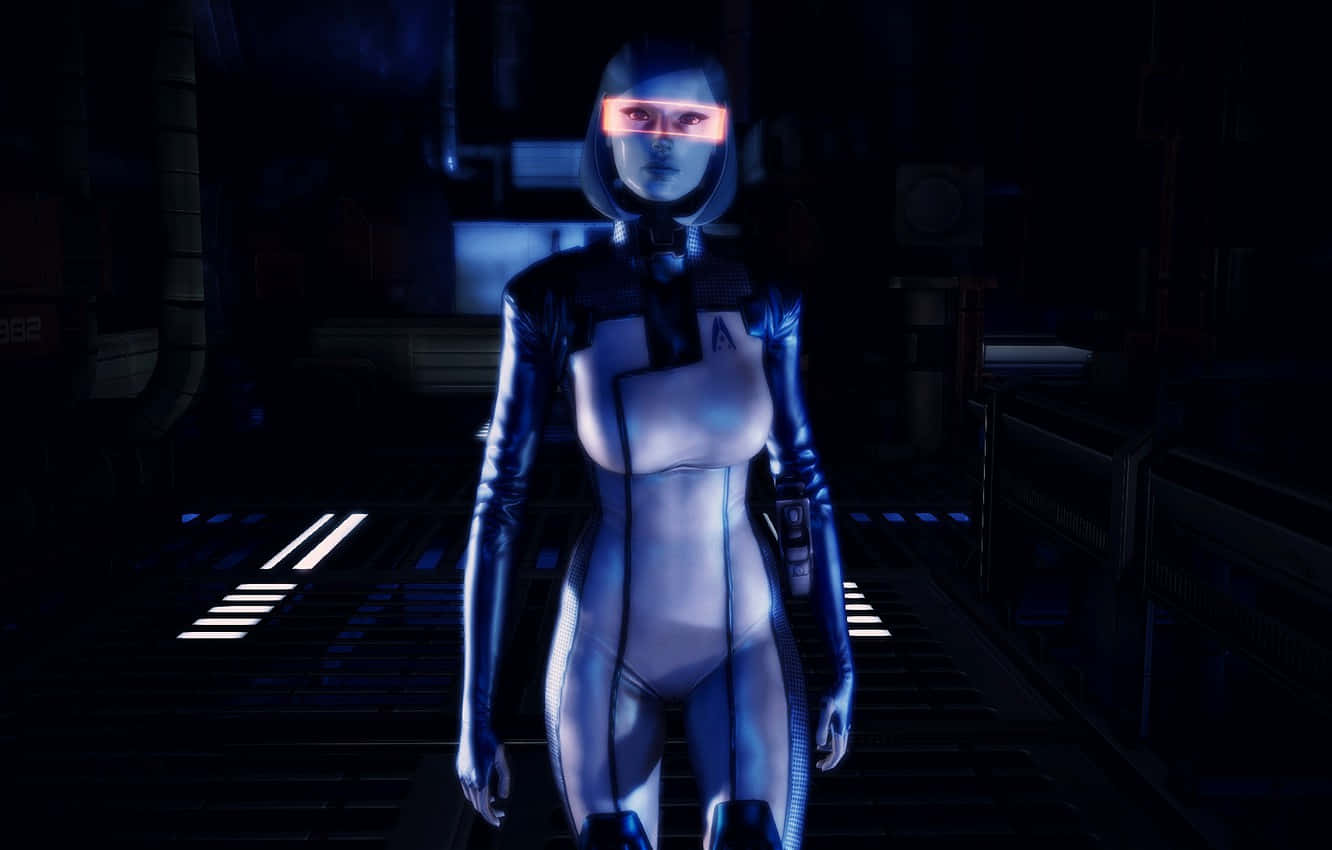 Edi From Mass Effect Standing In Front Of A Technological Background Wallpaper