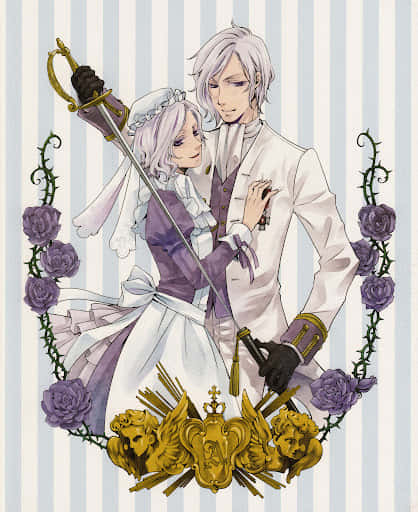 Elegant_ Anime_ Couple_with_ Sword_and_ Roses Wallpaper