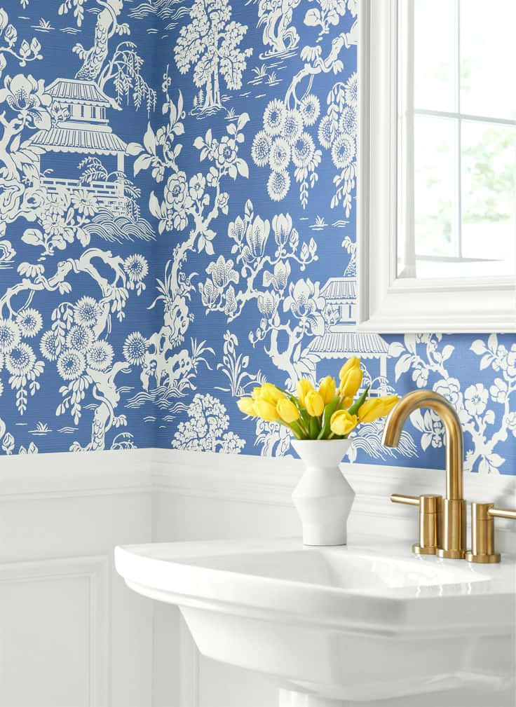 Elegant Blue Floral Bathroom Wallpaper Wallpaper