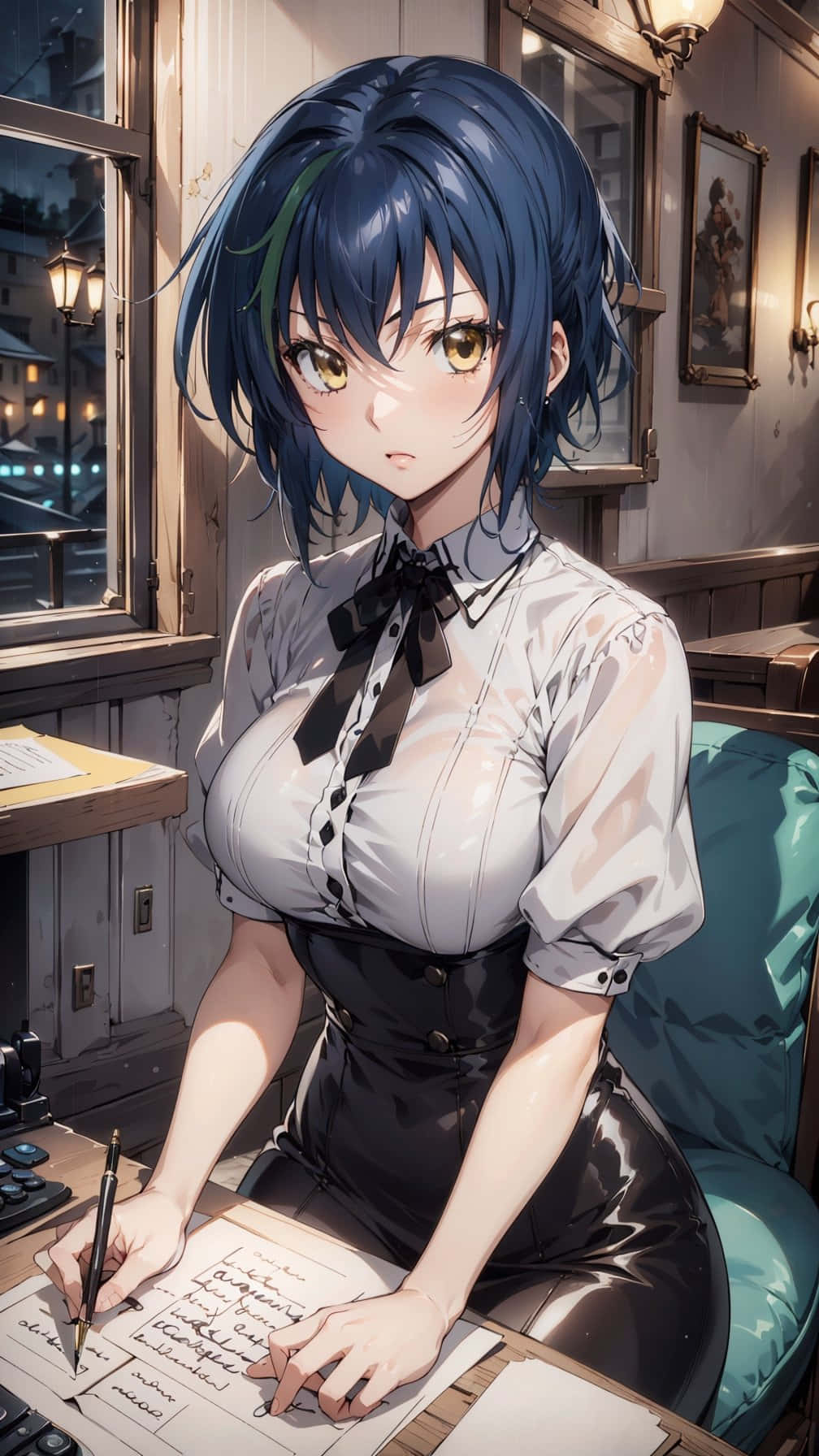 Elegant Blue Haired Anime Girl Writing Wallpaper