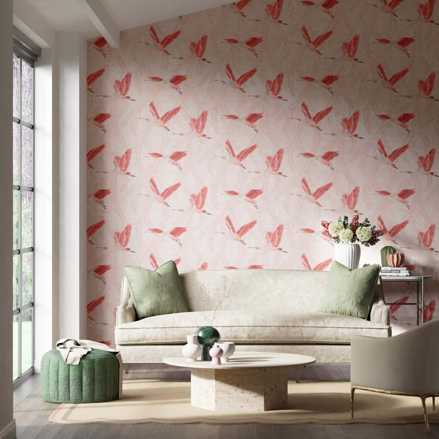 Elegant Blush Living Room Interior Wallpaper