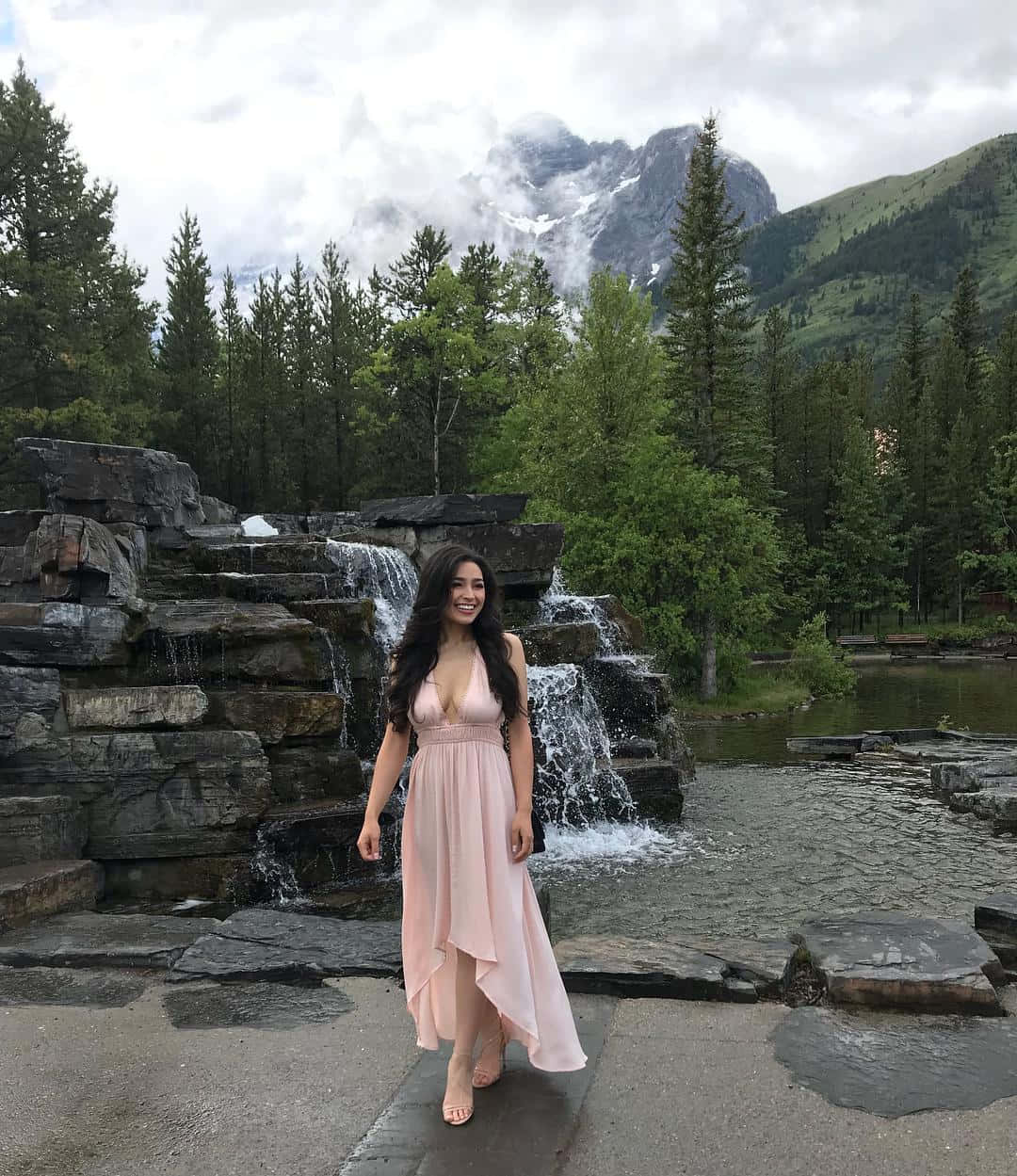 Elegant Dress Waterfall Mountain Backdrop Wallpaper