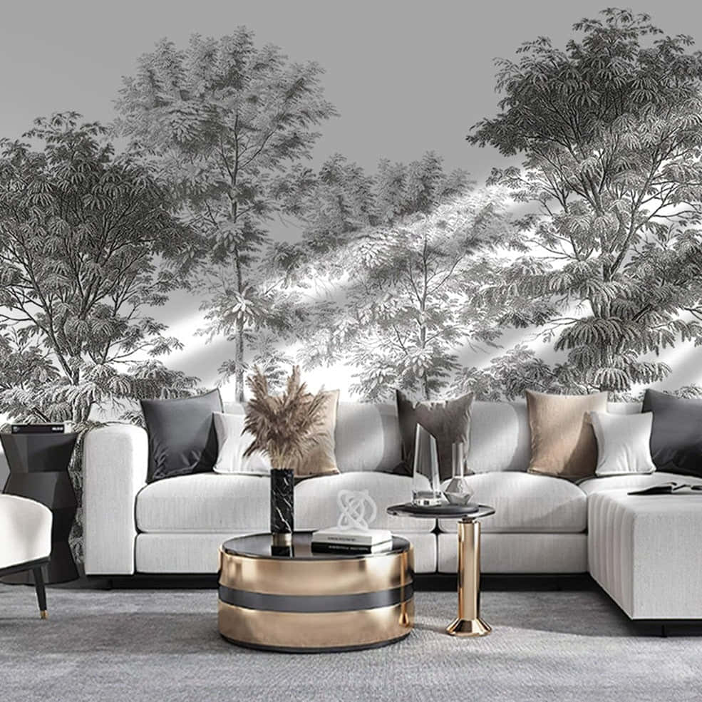 Elegant Living Roomwith Tree Mural Wallpaper Wallpaper