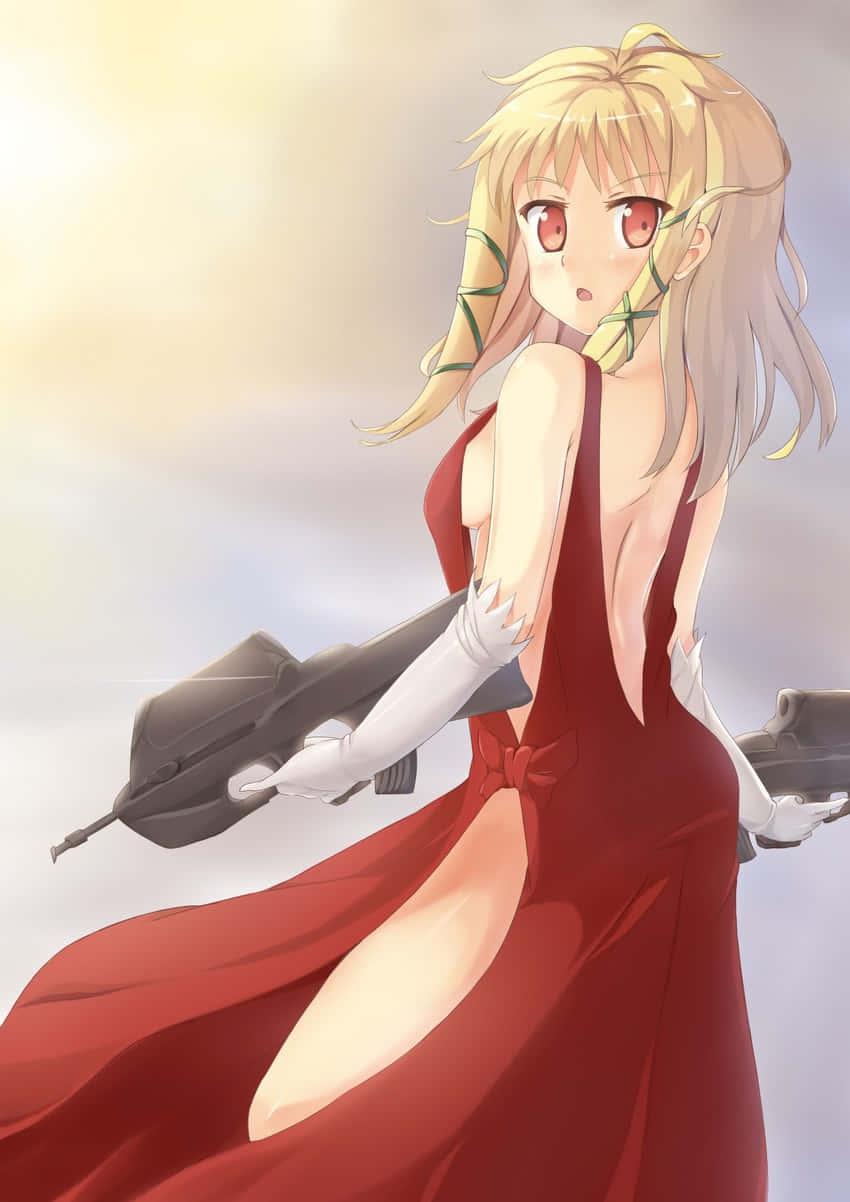 Elegant Red Dress Anime Girlwith Guns Wallpaper