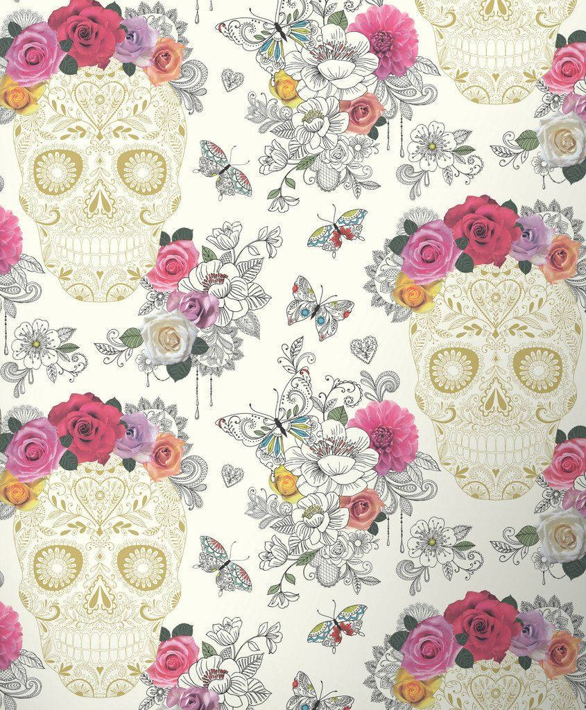 Elegant Sugar Skulls On White Wallpaper