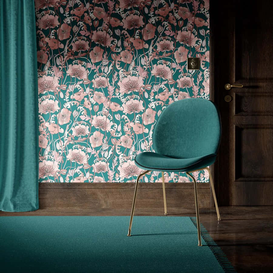 Elegant Teal Chair Floral Wallpaper Wallpaper