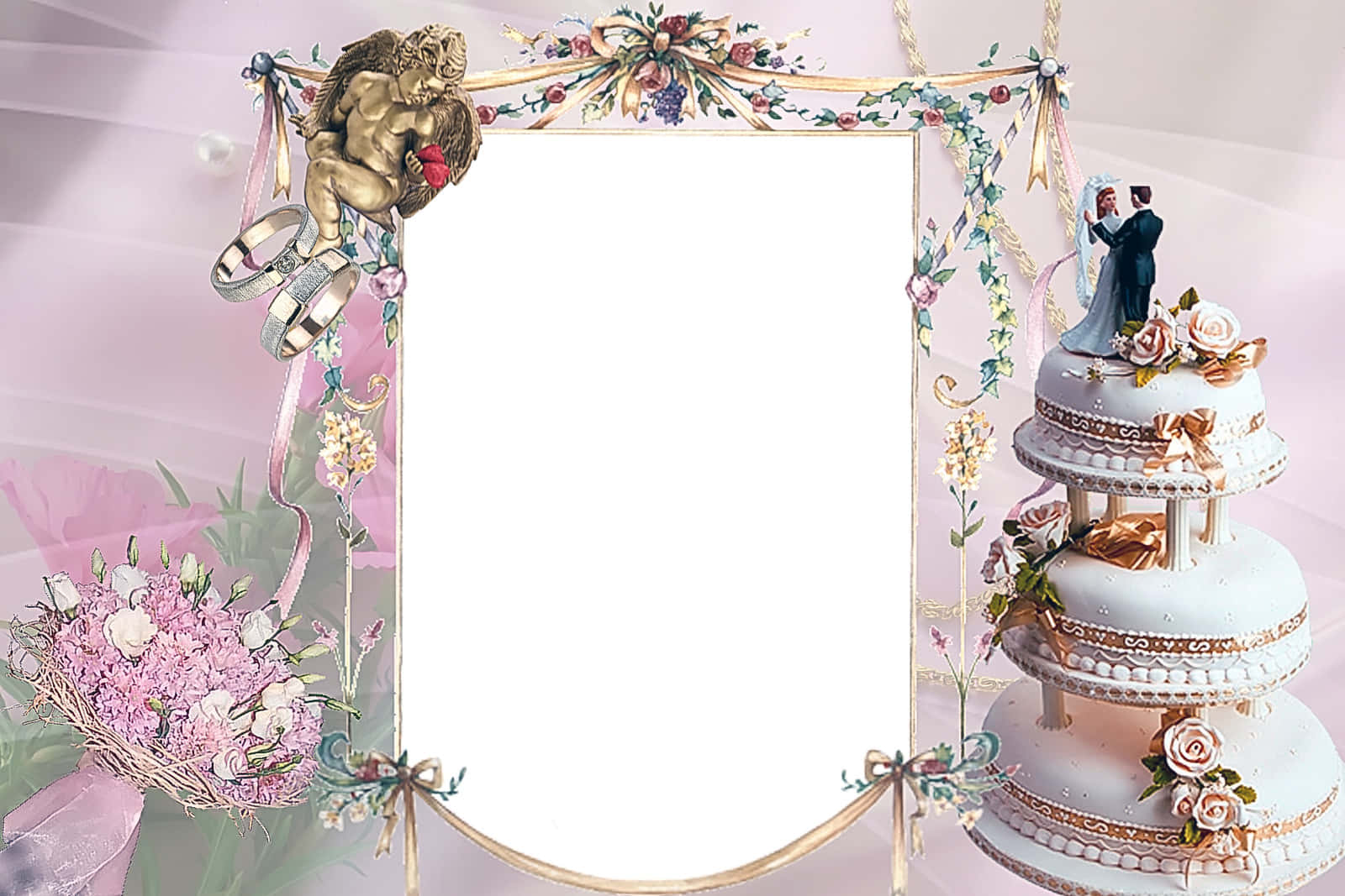 Elegant Wedding Framewith Cakeand Flowers Wallpaper