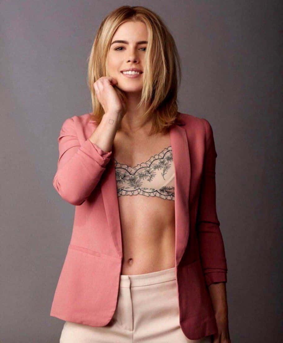 Emily Bett Rickards Pink Blazer Portrait Wallpaper