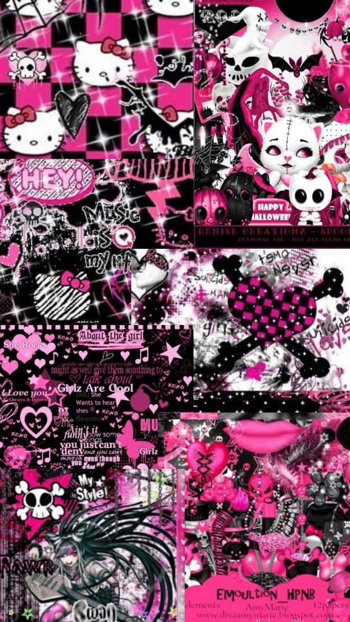 Emo Hello Kitty Look With Cat Ears And Roses. Wallpaper