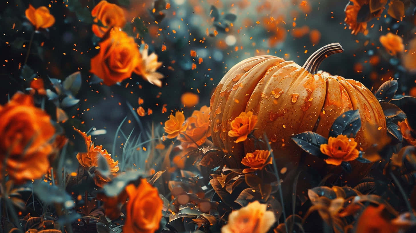 Enchanted Autumn Pumpkinand Roses Wallpaper