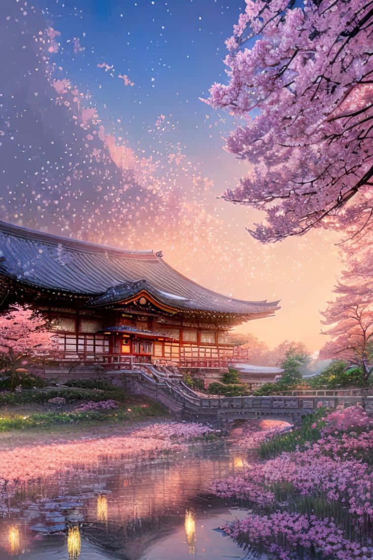 Enchanted_ Cherry_ Blossom_ Temple_i Phone_ Wallpaper Wallpaper