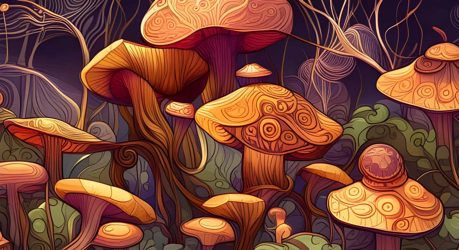 Enchanted Forest Mushrooms Artwork Wallpaper