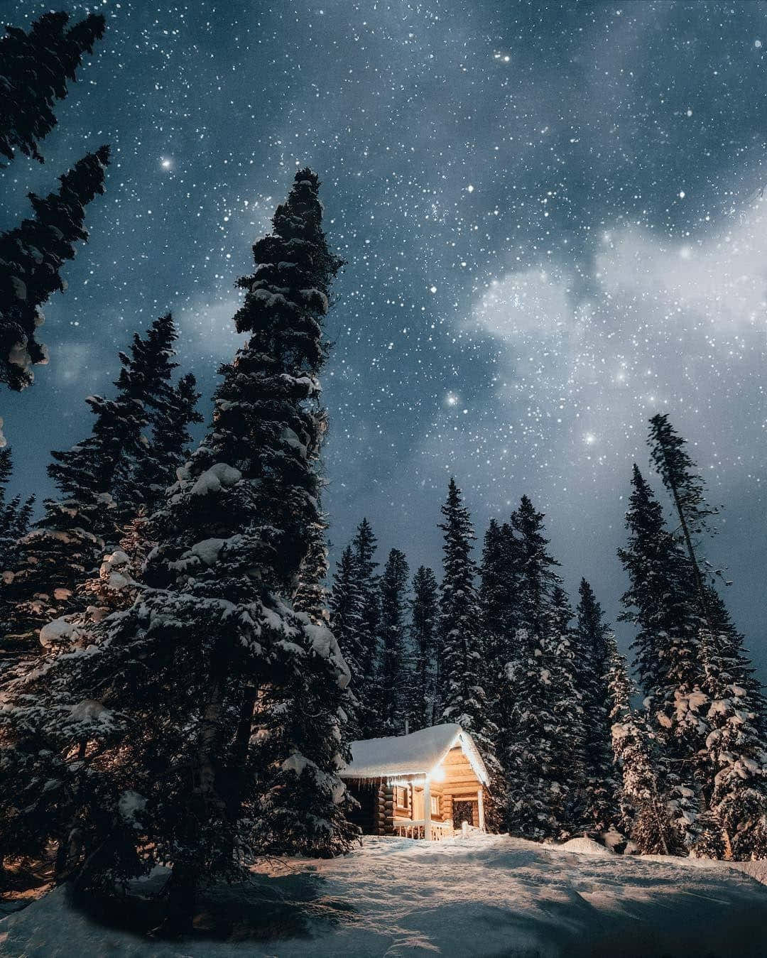 Enchanted Winter Cabin Night Sky Wallpaper