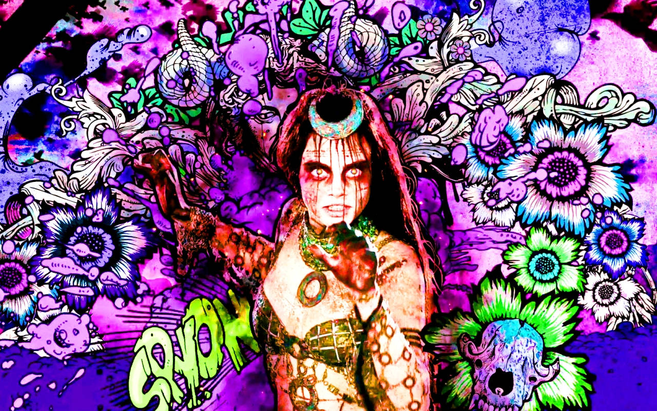 Enchantress On Floral Graffiti Wall Wallpaper