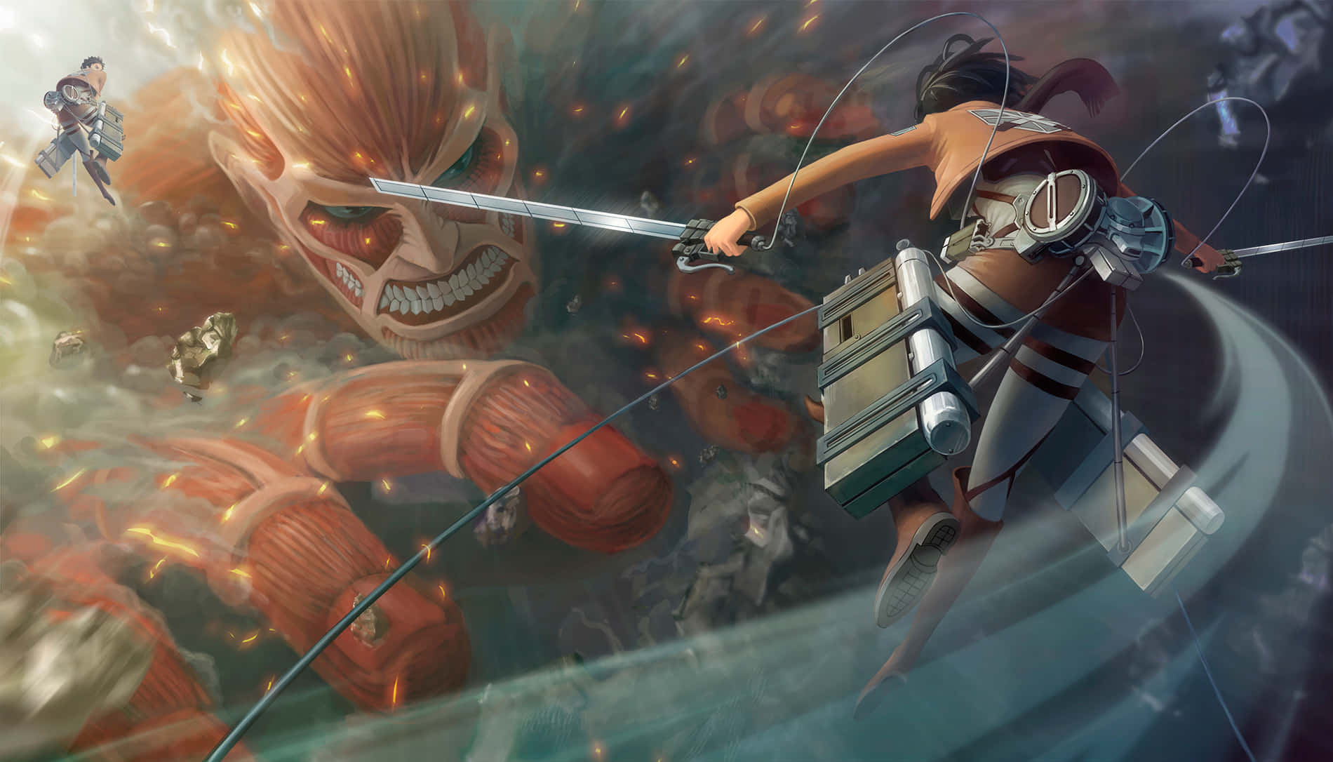 Epic Battle Against Colossal Titan Wallpaper