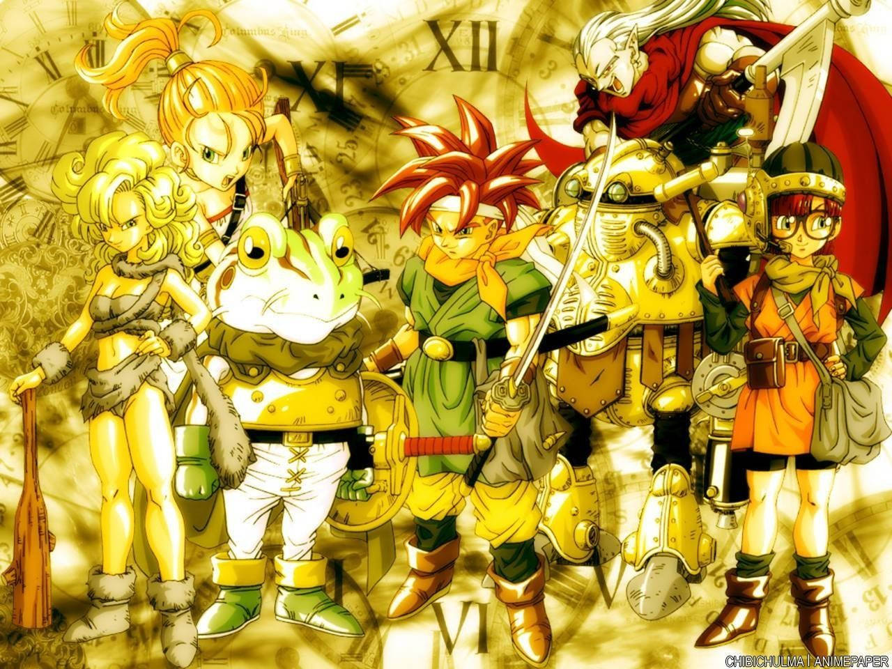 Epic Chrono Trigger Characters Group On Yellow Aesthetic Background Wallpaper