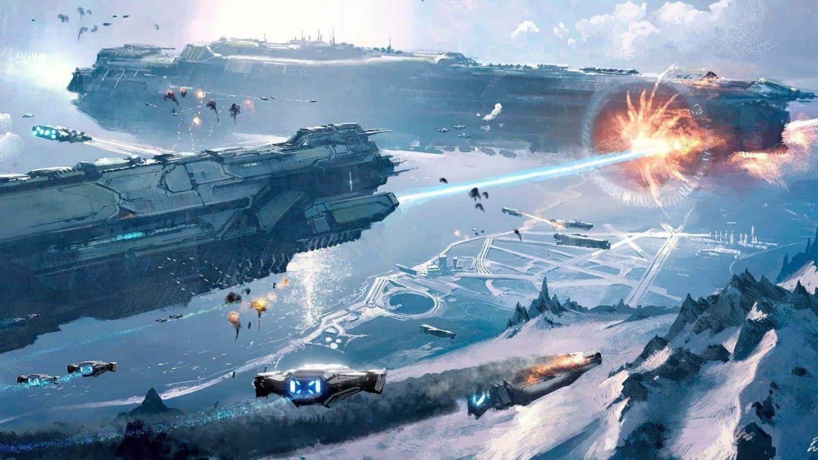 Epic_ Space_ Battle_ Over_ Snowy_ Planet Wallpaper