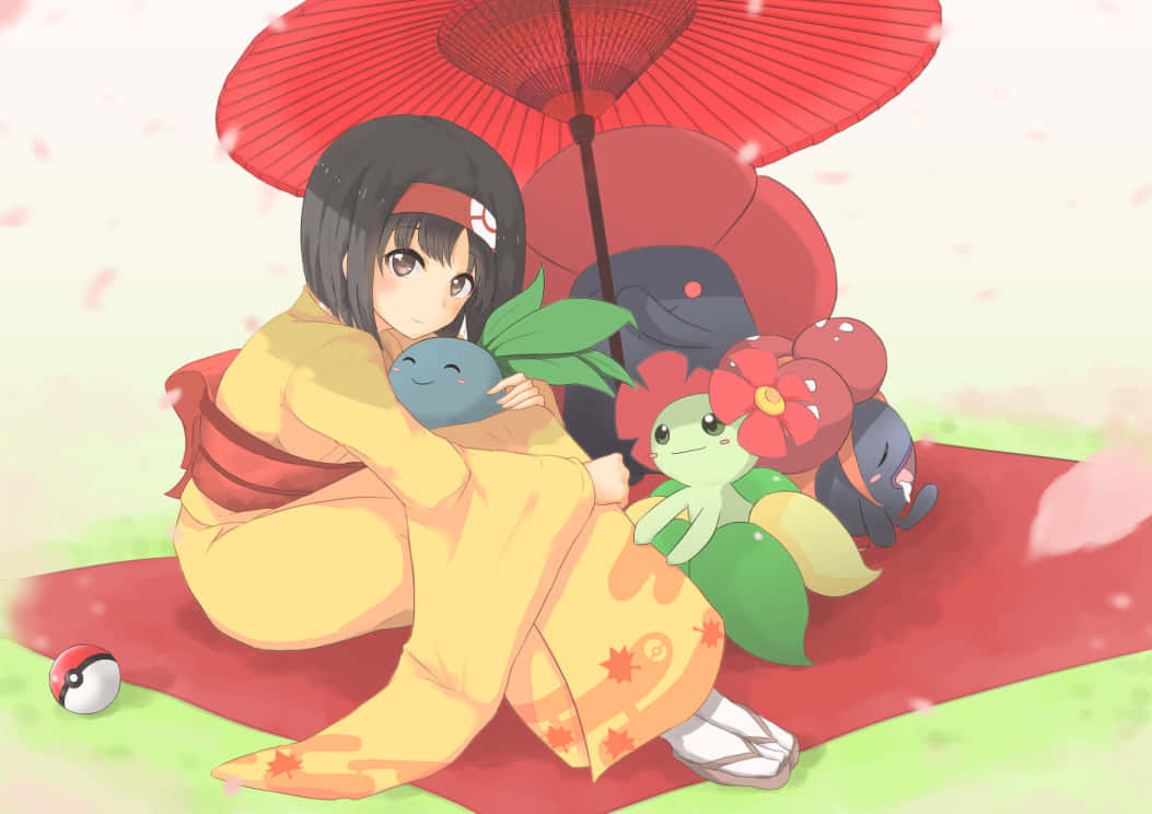 Erika And Vileplume Under An Umbrella Wallpaper