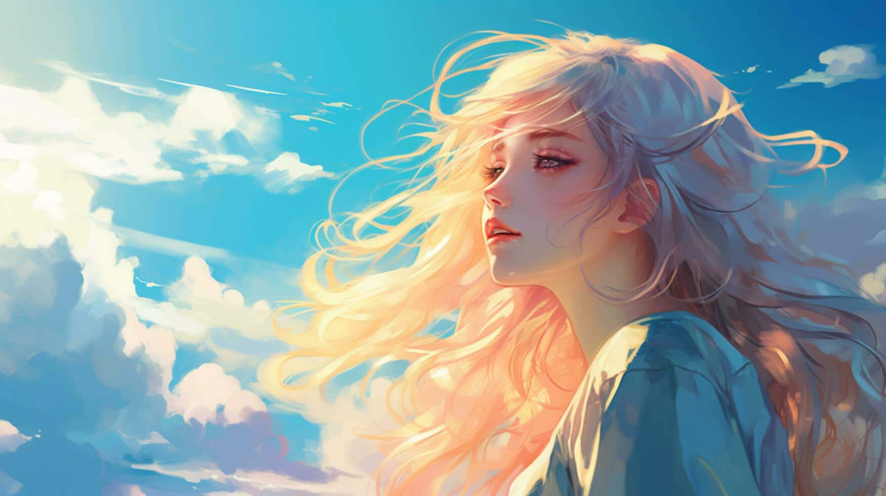 Ethereal Blonde Anime Girl Clouds Backdrop Wallpaper