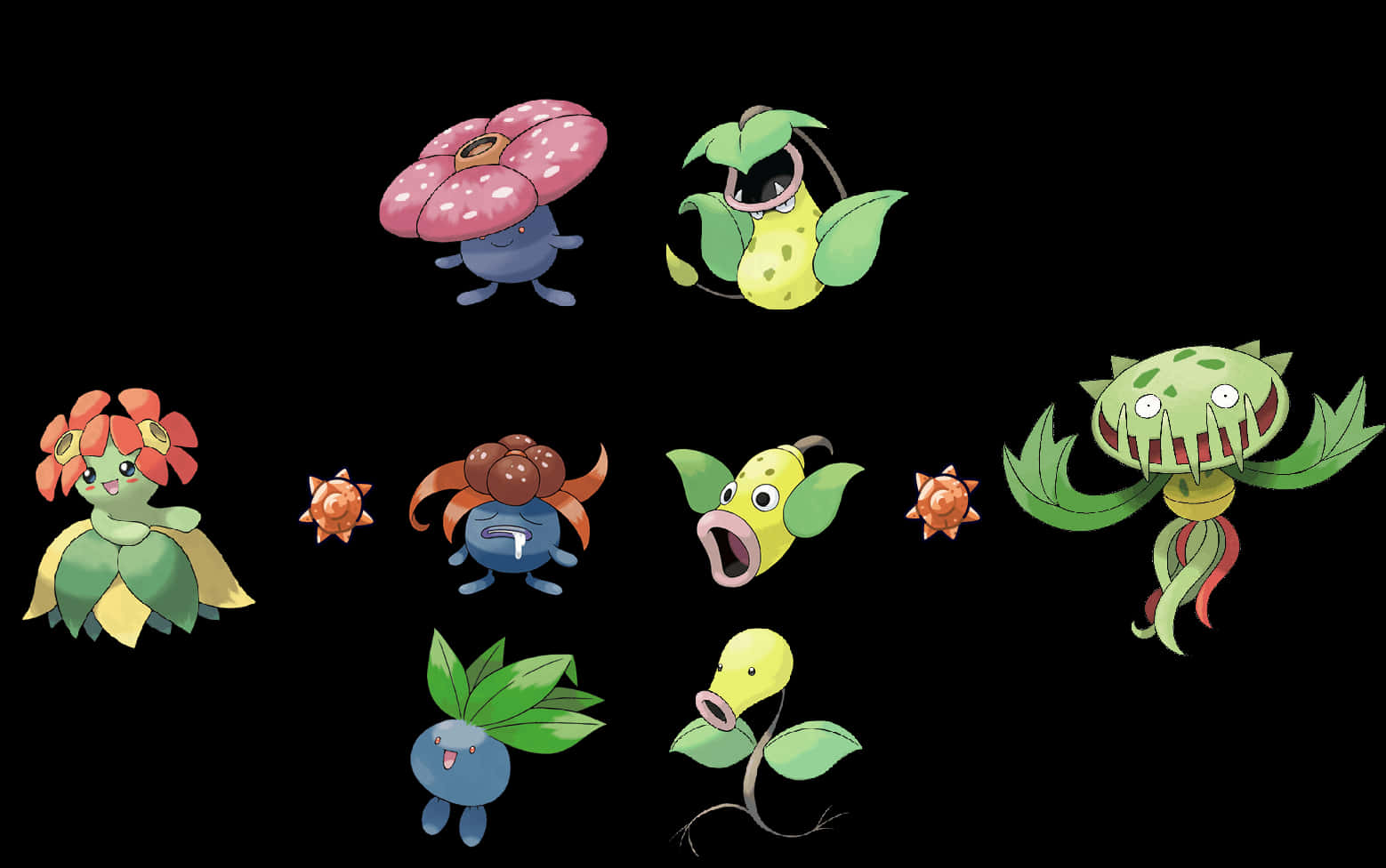 Exciting Encounter Of Carnivine, Bellsprout, And Oddish In Vibrant Colors Wallpaper