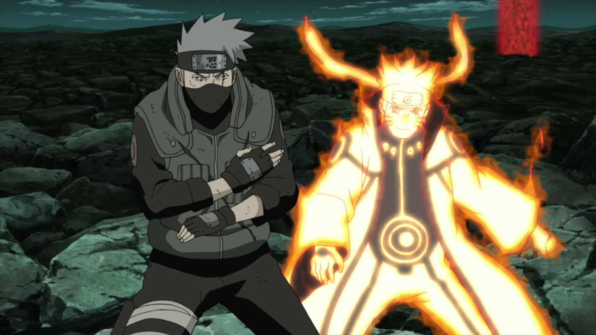 Exciting Moment In Konoha: Kakashi And Naruto In A Lively Collaboration Wallpaper