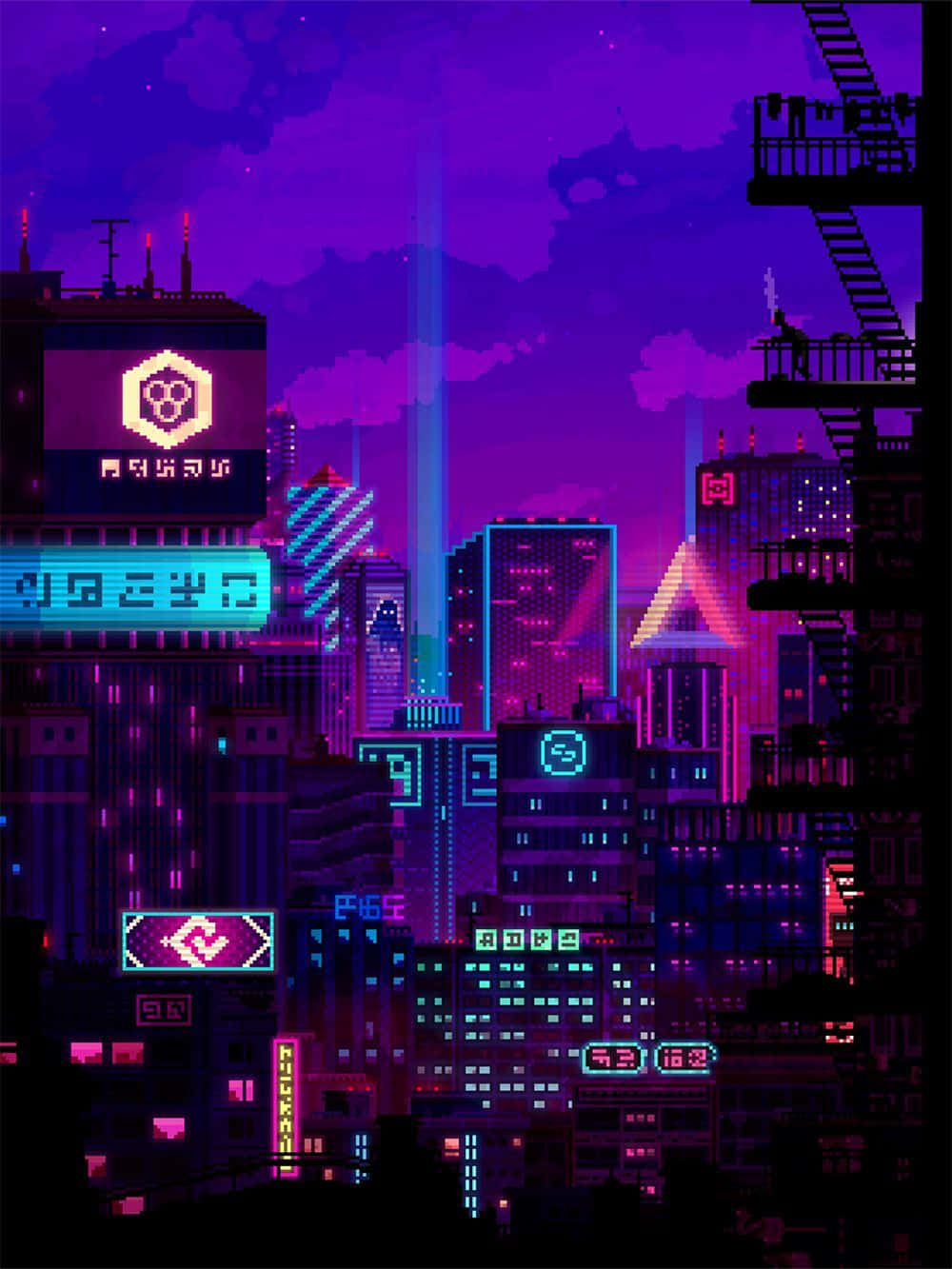 Explore A Dystopian Cyberpunk World Through Classic Pixel Art Wallpaper