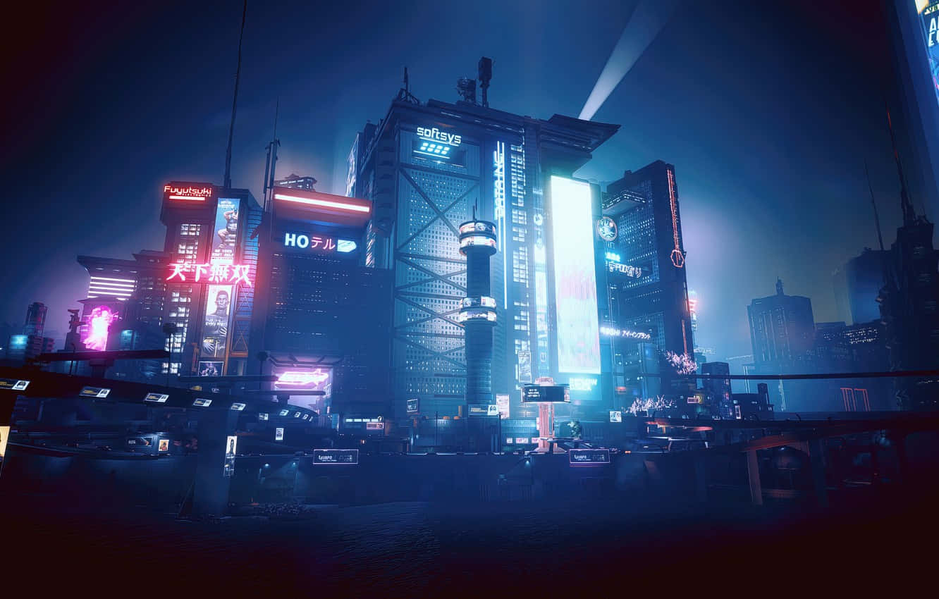 Exploring The Depths Of The Bustling Neon-hued Night City Wallpaper