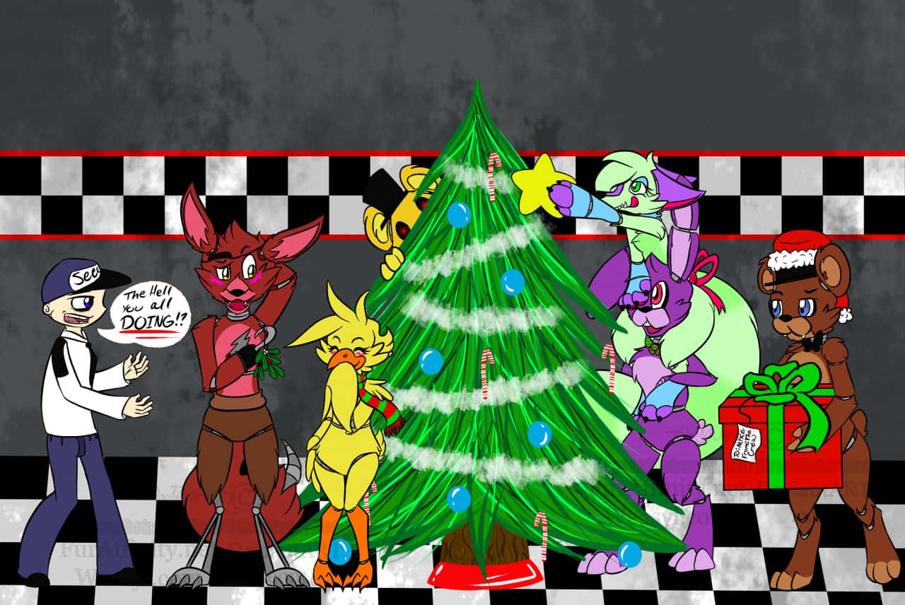 F N A F Characters Celebrating Christmas Wallpaper