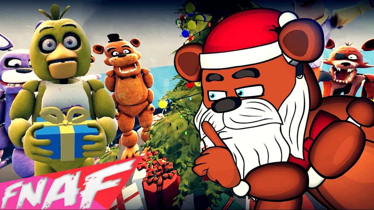 F N A F Christmas Celebrationwith Santaand Animatronics Wallpaper