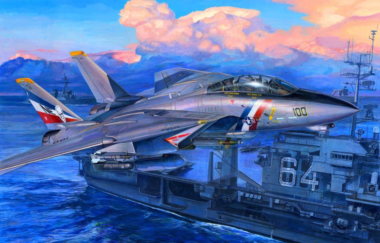 F14 Jet Over Aircraft Carrier Wallpaper