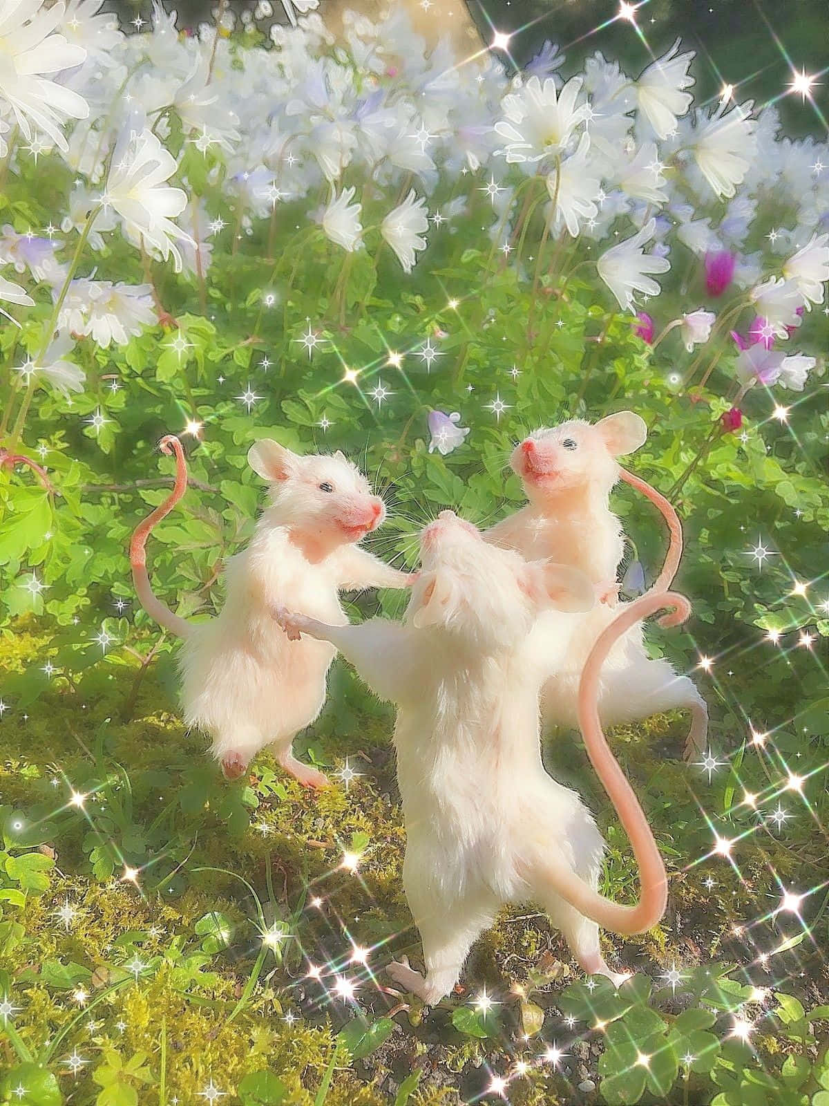 Fairycore Mice Dancing Floral Glitter Wallpaper