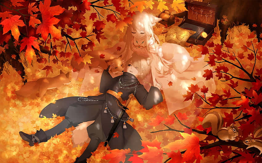 Fall Anime Couple Lying On Leaves Wallpaper