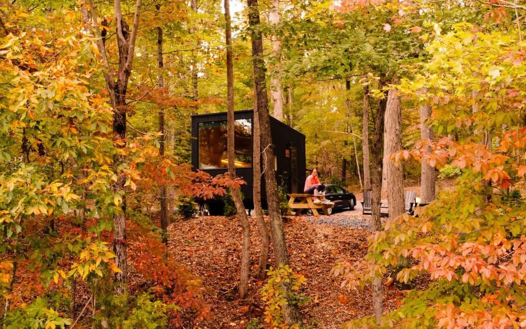 Fall Cabin Surrounded By Autumn Foliage Wallpaper