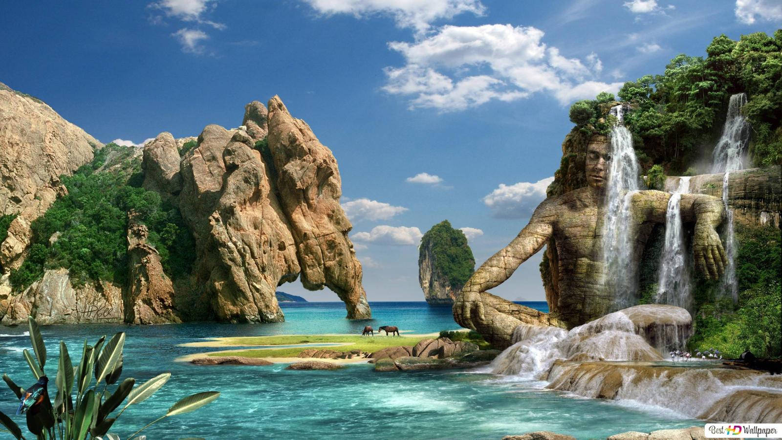 Fantasy Island Waterfall Statue Wallpaper