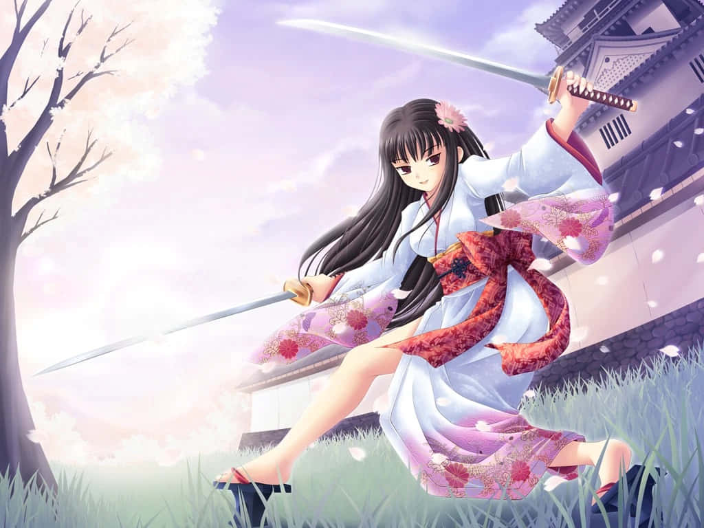 Female Samurai Warrior In Action Wallpaper