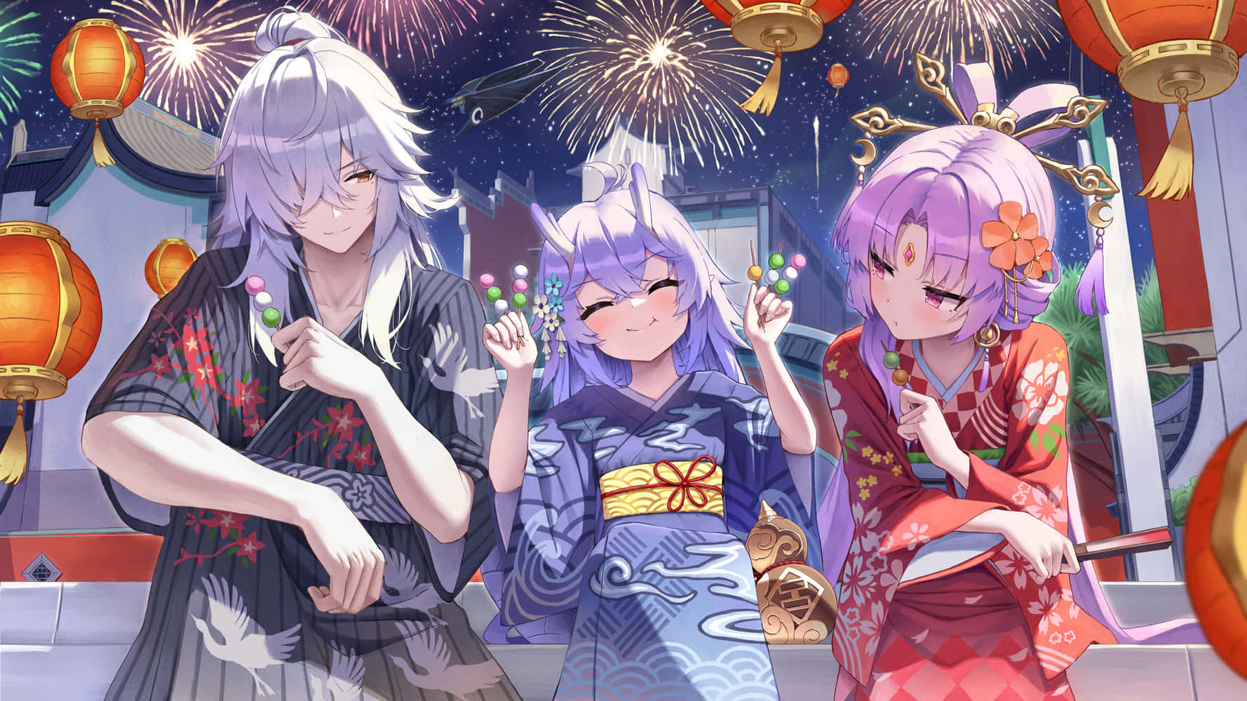 Festive_ Anime_ Characters_ Celebrating Wallpaper