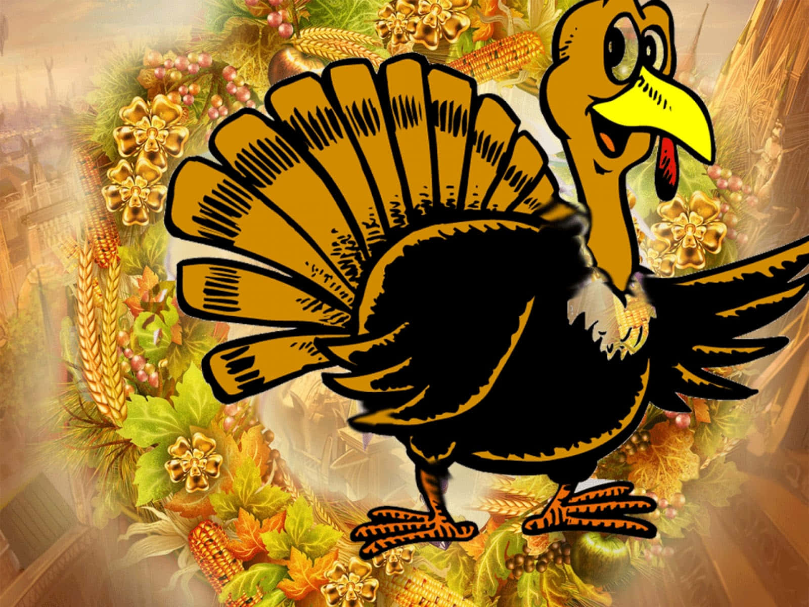 Festive Cartoon Characters Celebrating Thanksgiving Wallpaper